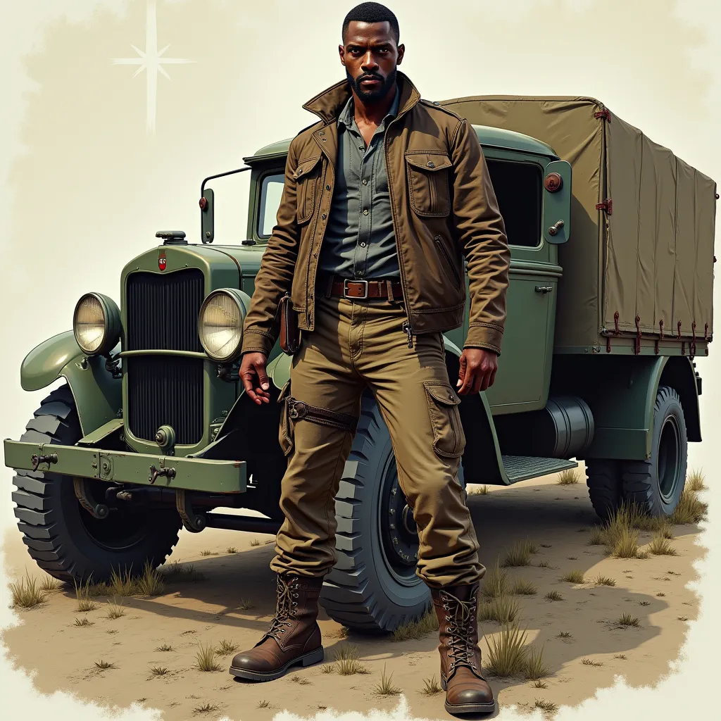 Prompt: full body, standing pose, detailed illustration of a turn of the century black man with a muscular build, he is wearing a leather field jacket, a grey shirt, and some brown leather equipment harness, combat boots. He has a dangerous look, as he is standing next to a military truck. Gloomy, Horror Style, Pulp Action Style