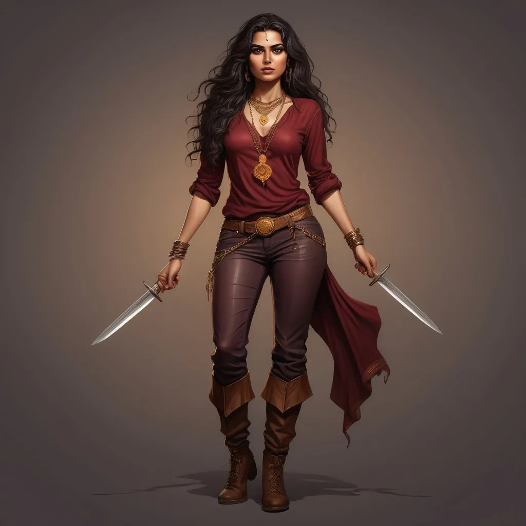 Prompt: A detailed full body illustration in a standing pose a beautiful romani woman with long dark wavy hair, and sunkists skin. She has an athletic body, and is wearing a golden talisman on a necklace, maroon blouse and dark pants, with high boots. She is confident, and wielding two daggers. Horror style