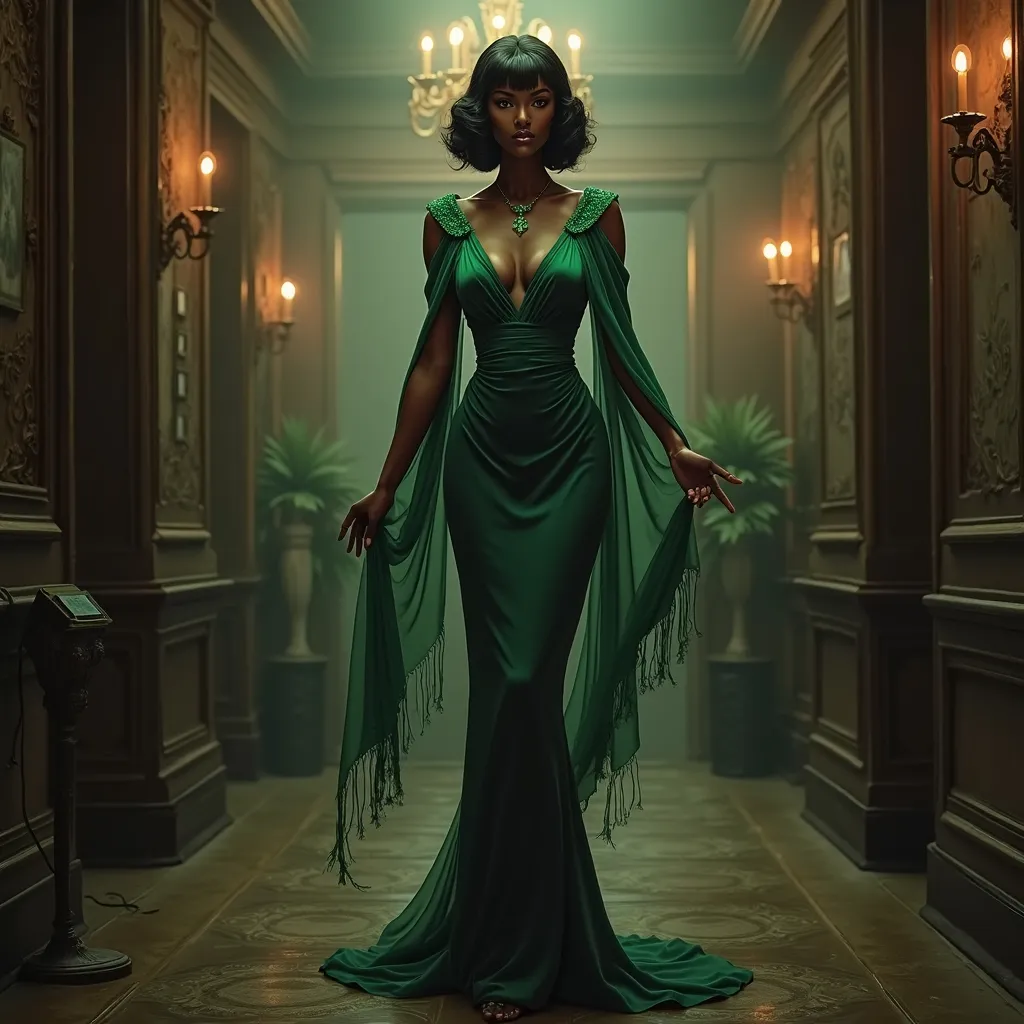 Prompt: full body, standing pose, detailed illustration of a turn of the century black woman in formal clothing, with a green shaw, bob hair style, and a brilliant emerald circlet. She has a slender build, and a seductive demeanor, and is standing in a lobby if a nightclub. Gloomy, Horror Style