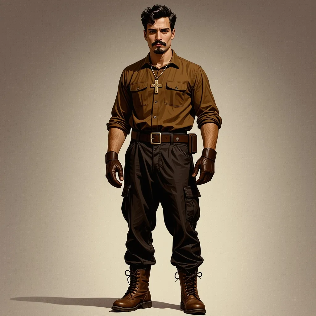Prompt: A detailed full body illustration in a standing pose of a turn of the century handsome man with dark hair gray eyes and a well-keptgoatee. He has a medium build, he is wearing a crucifix necklace over his brown long sleeved shirt tucked into his dark brown cargo pants, he is also wearing brown leather work gloves, dark brown belt and work boots