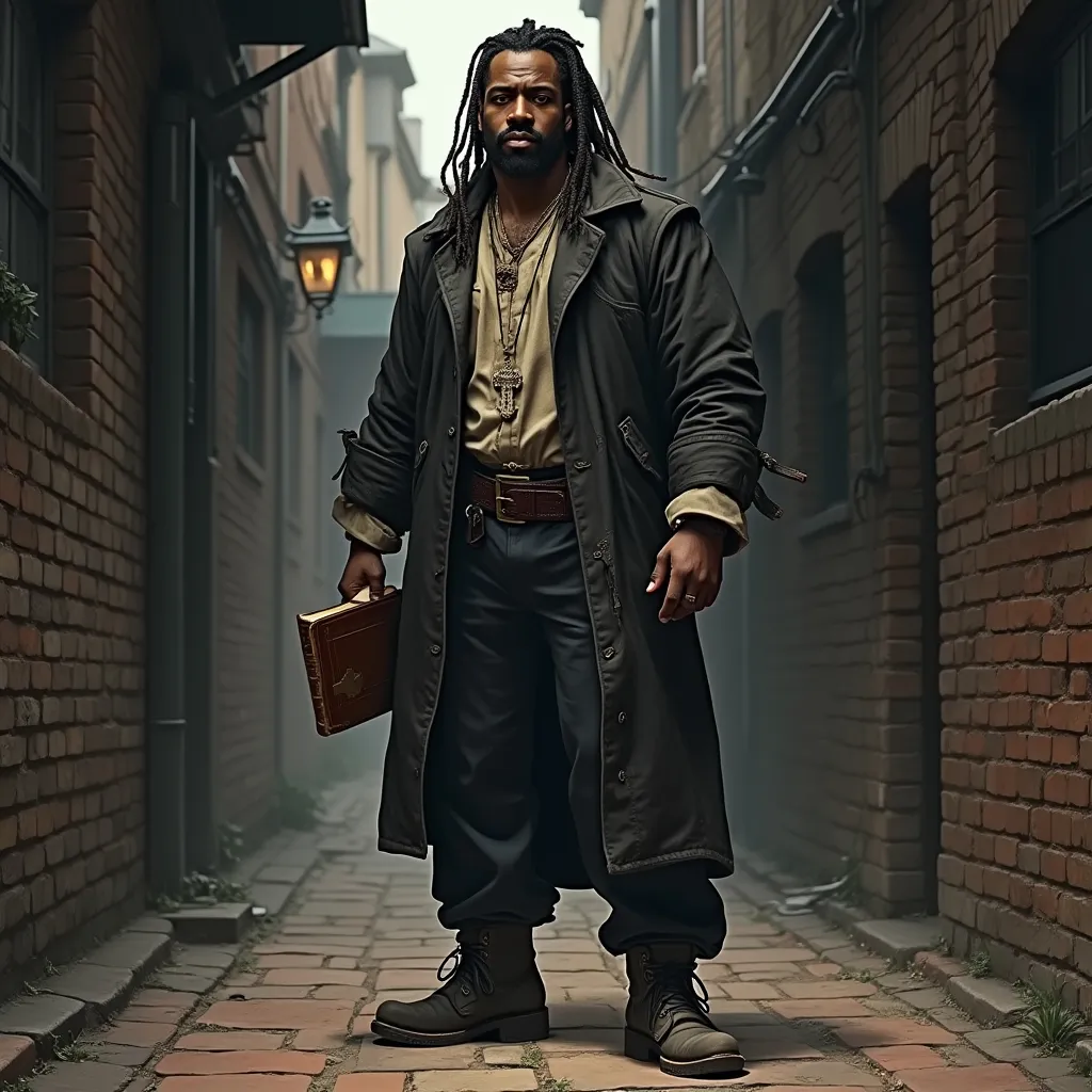 Prompt: A detailed full body illustration in a standing pose of a turn of the century tall and built young black male priest with dreadlocks and a very muscular build. He is wearing casual clothes, work boots, wearing a crucifix, and carrying a leather bound Bible. He is standing in a dimly lit brick alley way. Horror style 