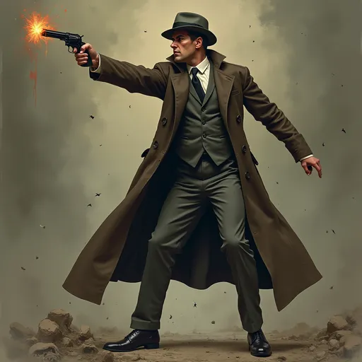 Prompt: full body, standing pose, detailed illustration of a turn of the century detective with a medium build, he is wearing a grey suit, and brown trench coat. He has a courageous demeanor, as he is firing a revolver at a Vampire. Gloomy, Pulp Art, Horror Style