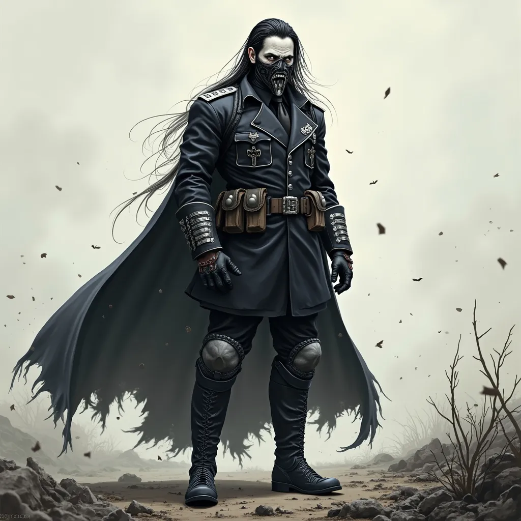 Prompt: A detailed full body illustration of a Vampire Nazi Officer with long dark hair slicked back, and very white and gray pale skin, black and grey combat uniform with a iron face mask. He is standing in a war torn battlefield.