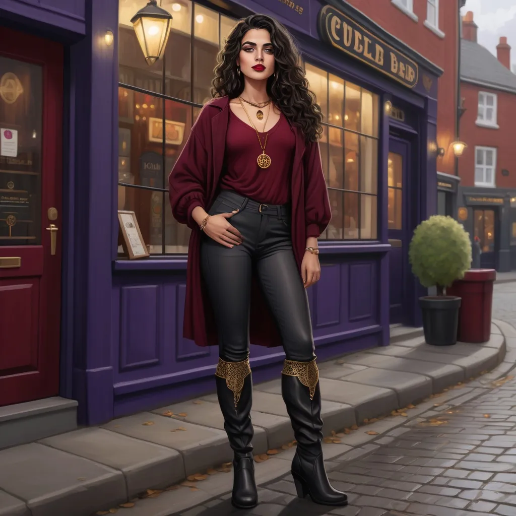 Prompt: A detailed full body illustration of a beautiful romani woman with dark wavy hair, red lips, and hazel eyes. She is wearing a gold necklace with a eye pendant, maroon and dark purple casual clothing with tight black pants, and knee high black boots. She is standing outside a pub.