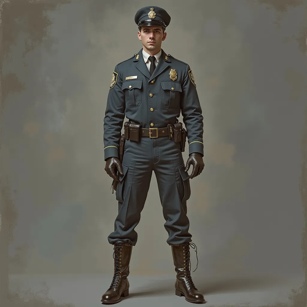 Prompt: a detailed full body illustration of a turn of the century male police man, he has well kept light brown hair. he has a medium build, and is wearing his police uniform. horror style, standing pose, grim