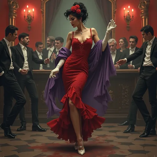 Prompt: full body, standing pose, detailed illustration of a turn of the century latina woman in red party dress, with a purple shaw, her hair styled up with flowers, and a she has long white gloves on. She has a slender build, and a seductive demeanor, and is dancing in a nightclub. Gloomy, Horror Style