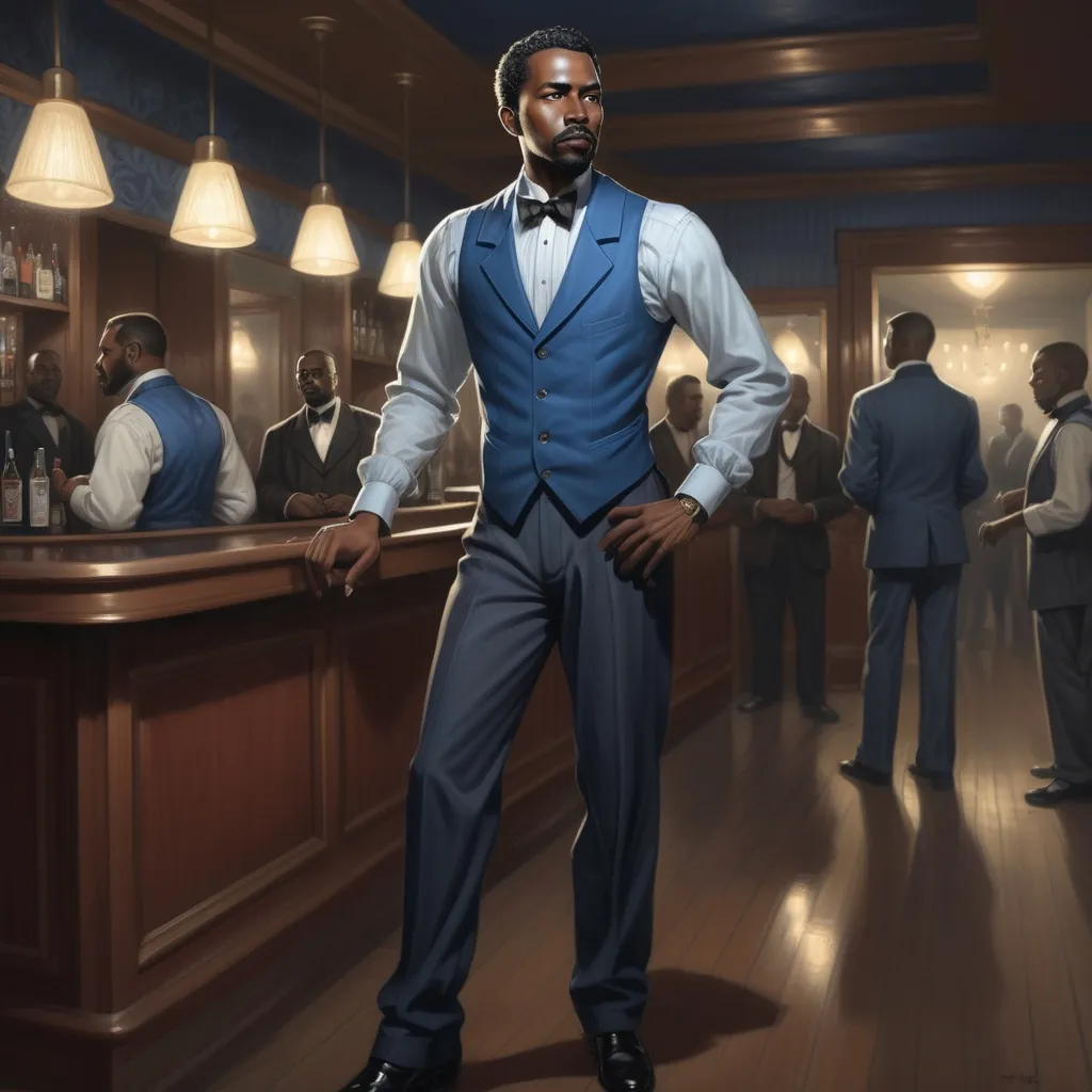 Prompt: A detailed full body illustration of a turn of the century black man in semi formal clothing, with a blue vest, short well kept hair, and a trimmed goatee. He has a medium build and is standing in a lobby if a nightclub. Gloomy, Horror Style