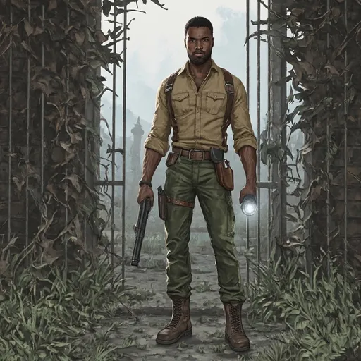 Prompt: A detailed full body horror style illustration of a black male adventurer standing near a gated entrance to a run down cemetery. He is handsome, has short well kept hair, and a muscular build and is wearing a tan button shirt with the sleeves rolled up, leather shoulder holster, olive green pants, and leather boots. He has a shotgun in his right hand, and a flashlight in his left hand