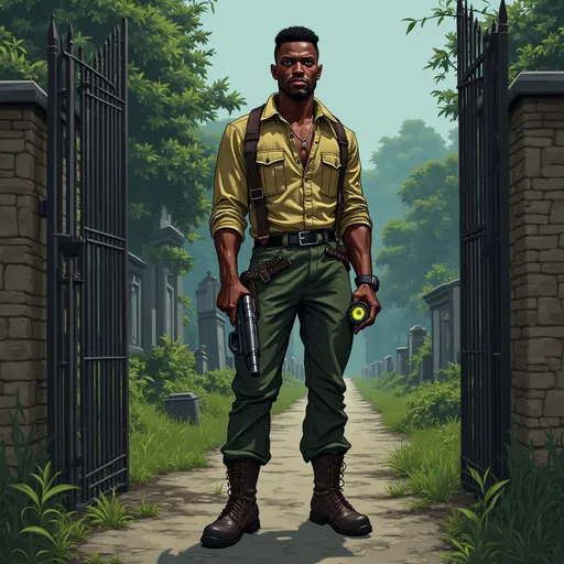 Prompt: A detailed full body horror style illustration of a black male adventurer standing near a gated entrance to a run down cemetery. He is handsome, has short well kept hair, and a muscular build and is wearing a tan button shirt with the sleeves rolled up, leather shoulder holster, olive green pants, and leather boots. He has a shotgun in his right hand, and a flashlight in his left hand
