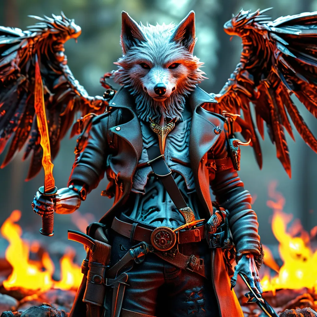 Prompt: Hyper realistic Outlaw Skeletal werewolf with demon wings with a exotic knife and a revolver surrounded with hell flame