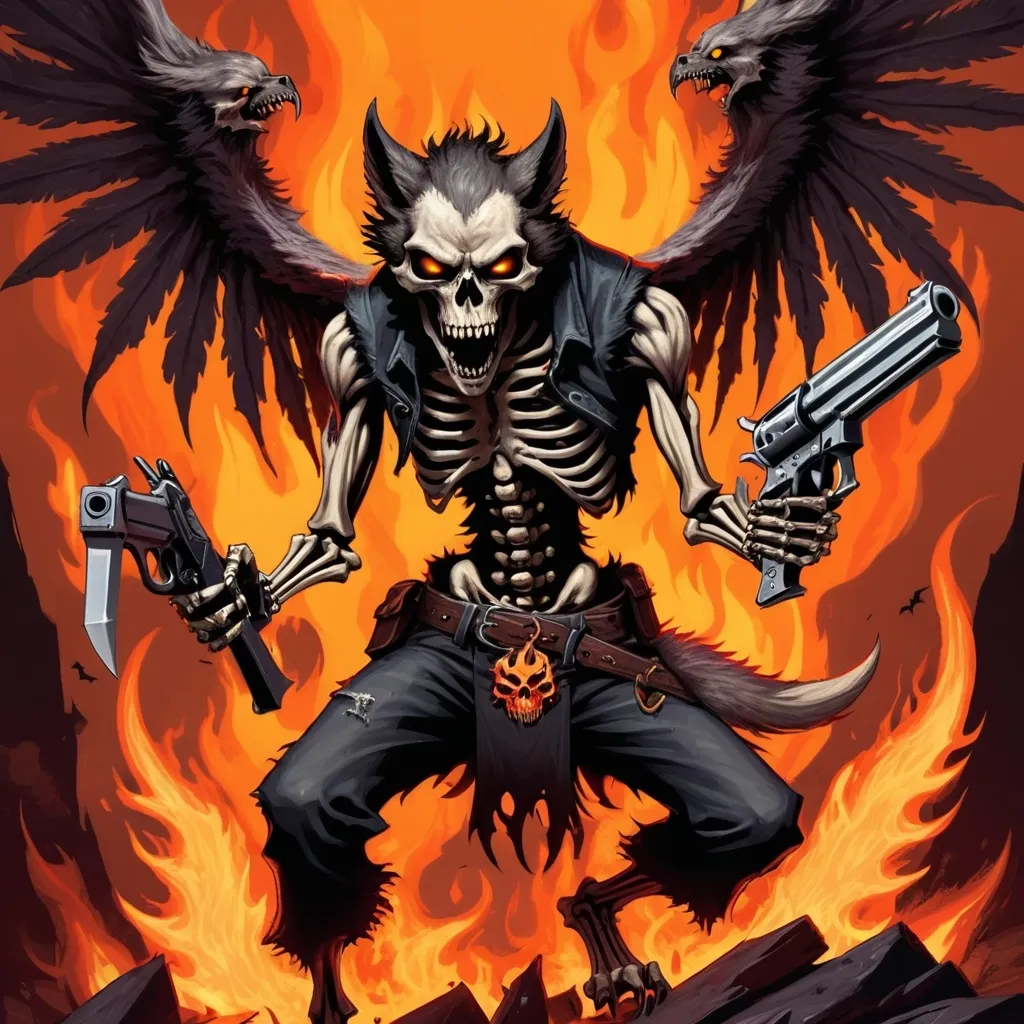 Prompt: Outlaw Skeletal werewolf with demonic wings with a exotic knife and a revolver surrounded with hell flame