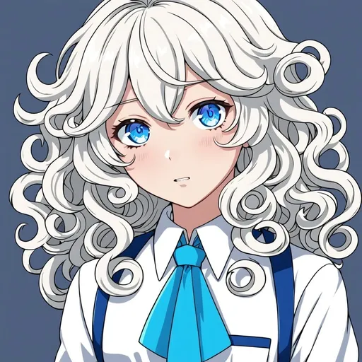 Prompt: a anime femboy with white middle long curly hair and blue eyes