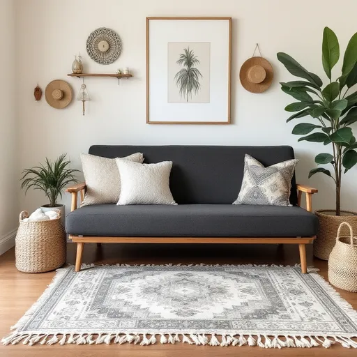 Prompt: Small dark grey futon,  wicker baskets, cozy, 
 warm colors,  layers texture,  wall art,  rugs,  boho
