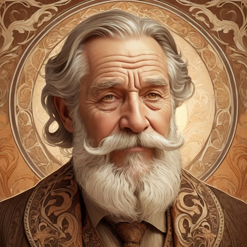 Prompt: Art Nouveau illustration of a wise grandfather, ornate details, intricate patterns, warm earthy tones, soft and diffused lighting, aged and wise expression, flowing beard and mustache, gentle gaze, high quality, detailed, art nouveau, intricate design, warm tones, soft lighting, wise expression, ornate patterns, vintage, atmospheric lighting