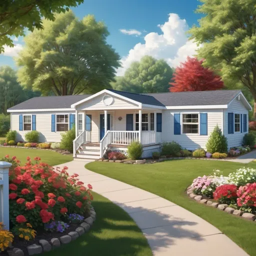 Prompt: (manufactured housing community), peaceful country setting, (lush landscaping) surrounding homes, vibrant flowers and trees, charming porches, (American flag) gracefully hanging, bright blue sky with fluffy clouds, warm sunlight filtering through leaves, cozy and inviting atmosphere, harmonious blend of nature and home, high quality, ultra-detailed, tranquil ambiance.