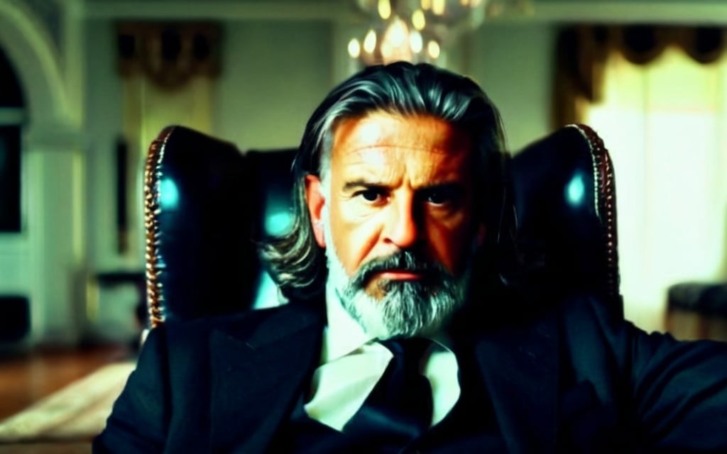 Prompt: an older man very well dressed, with a dark suit and long hair, sitting in a large armchair in the living room of a large mansion in which a large chandelier hangs and with a dark light. Very realistic and cinematic image, 4K quality. REDHDR.
