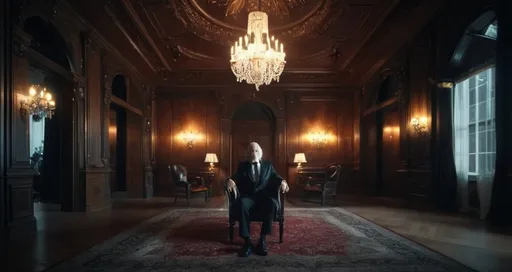 Prompt: an older man very well dressed, with a dark suit and long hair, sitting in a large armchair in the living room of a large mansion in which a large chandelier hangs and with a dark light. Very realistic and cinematic image, 4K quality. REDHDR