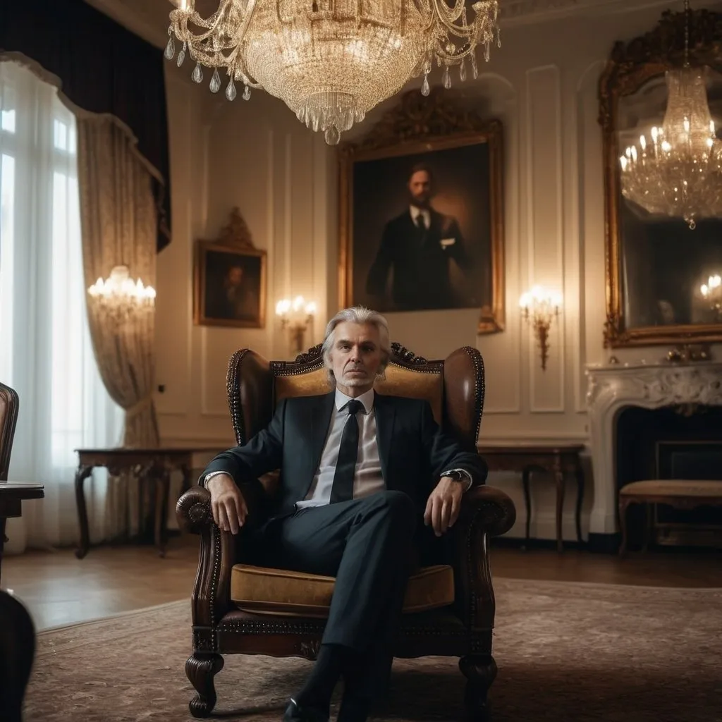 Prompt: an older man very well dressed, with a dark suit and long hair, sitting in a large armchair in the living room of a large mansion in which a large chandelier hangs and with a dark light. Very realistic and cinematic image, 4K quality. REDHDR