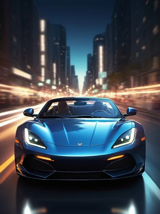 Prompt: Man driving a sleek sports car, glossy finish, city lights reflecting off the surface, high-quality, realistic, vibrant color tones, dynamic lighting, detailed facial features, intense and focused gaze, luxury vehicle, urban setting, nighttime, highres, detailed reflections, dynamic, realistic, sporty, sleek design, professional, vibrant lighting