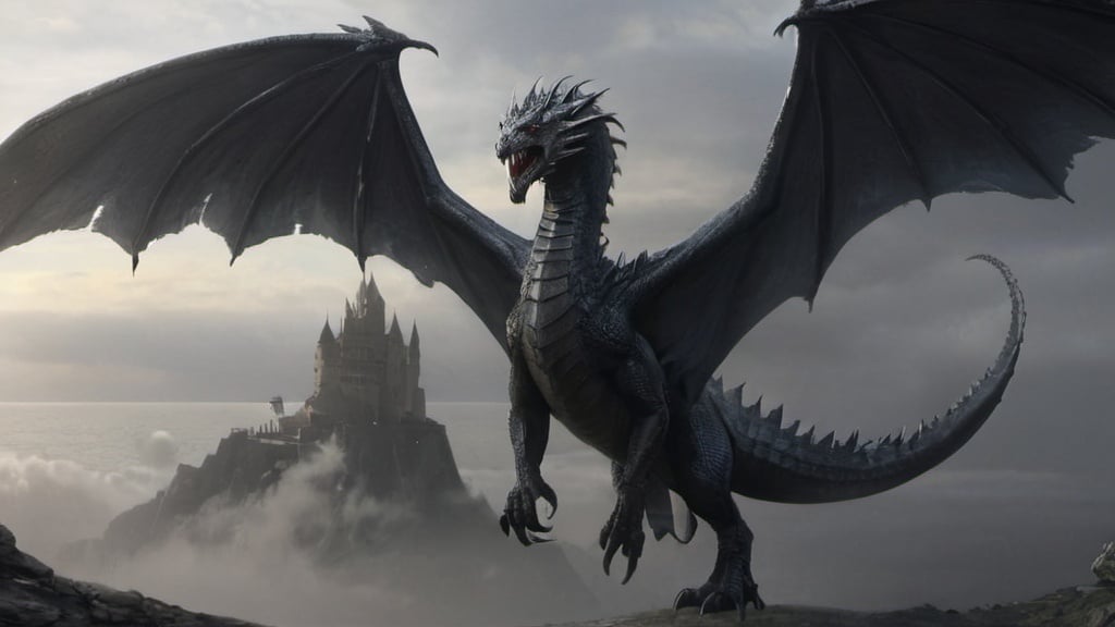 Prompt: A black wyvern with shimmery scales and many hornes like the dragons in house of the dragon
Make it look very dangerous and huge like balerion the dread
Give him a big, prominent body, especially chest but a long neck. Also give him huge claws.
Make the whole body visible.