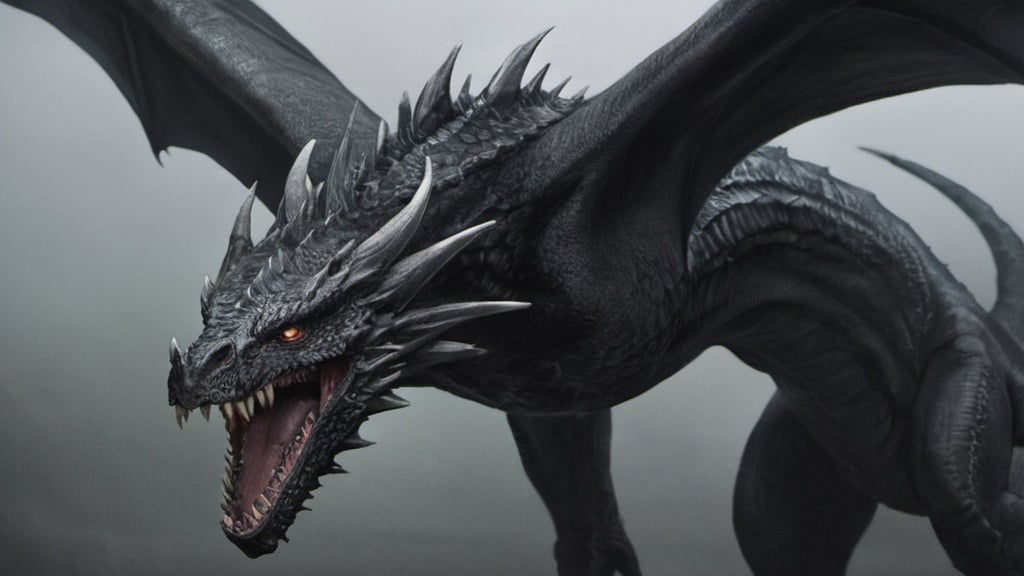 Prompt: A black wyvern with shimmery scales and many hornes like the dragons in house of the dragon
Make it look very dangerous and huge like balerion the dread
Give him a big, prominent body, especially chest but a long neck. Also give him huge claws.