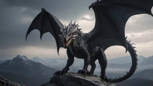 Prompt: A black wyvern with shimmery scales and many hornes like the dragons in house of the dragon
Make it look very dangerous and huge like balerion the dread
Give him a big, prominent body, especially chest but a long neck. Also give him huge claws.