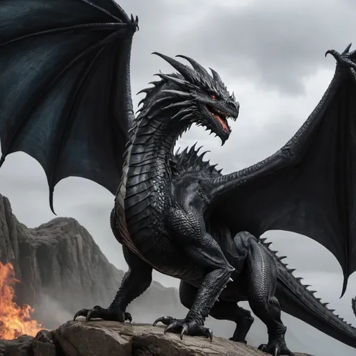Prompt: A black wyvern with shimmery scales and many hornes like the dragons in house of the dragon
Make it look very dangerous and huge like balerion the dread
