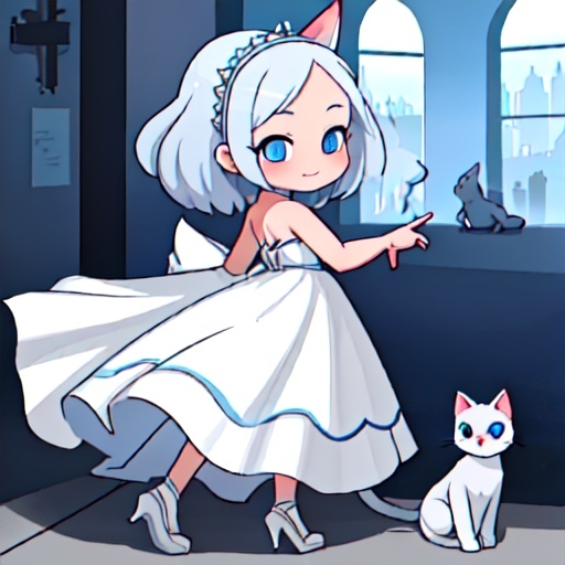 Prompt: a beautiful girl with blue eyes and white dress, masterpiece, and a cat and wolf in a fashion show