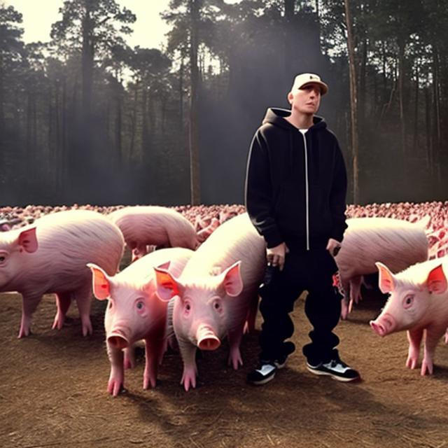 Prompt: Eminem at forrest with pigs