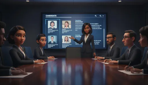 Prompt: Pixar style corporate boardroom, polished table, @GRqzyeb9QzGxVabYx2ZD(Pixar style South African Coloured woman, late 30s, light brown skin, hazel eyes, dark wavy hair in a neat low bun, sharp but elegant features, wearing a structured power suit, confident and assertive expression, corporate boardroom setting, stylized 3D animation, cinematic lighting, ultra-detailed, 8k) seated confidently with other executives, @vQHLIiFS9sSuUJIOVOY9 presenting, large screen displaying different candidate profiles, tense atmosphere but stylized, cool lighting tones, expressive character faces, cinematic wide shot, 3D animation, 8k --ar 16:9 --v 6 --style raw
Pixar style @vQHLIiFS9sSuUJIOVOY9 standing confidently presenting, The camera zooms into @GRqzyeb9QzGxVabYx2ZD(Pixar style South African Coloured woman, late 30s, light brown skin, hazel eyes, dark wavy hair in a neat low bun, sharp but elegant features, wearing a structured power suit, confident and assertive expression, corporate boardroom setting, stylized 3D animation, cinematic lighting, ultra-detailed, 8k) leaning back slightly with skeptical but intrigued expression, subtle character tension, dramatic lighting contrast, reflections on table, cinematic storytelling moment, 3D animation, 8k --ar 16:9 --v 6 --style raw