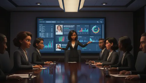 Prompt: Pixar style corporate boardroom, polished table, @GRqzyeb9QzGxVabYx2ZD(Pixar style South African Coloured woman, late 30s, light brown skin, hazel eyes, dark wavy hair in a neat low bun, sharp but elegant features, wearing a structured power suit, confident and assertive expression, corporate boardroom setting, stylized 3D animation, cinematic lighting, ultra-detailed, 8k) seated confidently with other executives, @vQHLIiFS9sSuUJIOVOY9 presenting, large screen displaying different candidate profiles, tense atmosphere but stylized, cool lighting tones, expressive character faces, cinematic wide shot, 3D animation, 8k --ar 16:9 --v 6 --style raw