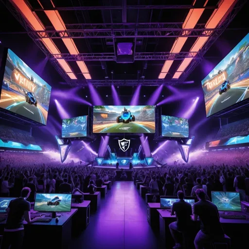 Prompt: Create an image that showcases the vibrant and electrifying atmosphere of a Trinity gaming event. The scene should be set in a dynamic gaming arena with players intensely focused on their screens, fully immersed in gameplay. Highlight high-end gaming rigs and colorful LED lights illuminating the stage, with massive screens in the background displaying the gameplay action.

In the background, depict a cheering crowd of enthusiastic spectators to showcase the community’s energy and excitement. Include banners and posters featuring popular games like Rocket League and Valorant to add to the gaming event ambiance.

In the foreground, prominently display the Trinity logo, integrated seamlessly into the scene. Add a tagline such as “Experience the Thrill of Gaming” or “Join the Ultimate Gaming Community” to convey the core message.

Incorporate subtle icons or symbols representing popular games into the background to enhance the thematic elements. Ensure the overall color scheme is vibrant and matches Trinity’s branding aesthetics. The image should convey a sense of passion, community, and excitement, inviting viewers to become part of the Trinity experience.