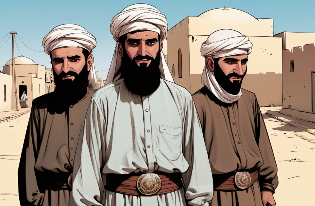 Prompt: Four brothers are standing in a desert, dressed like Altun Sultan, with their cheeks sticking out and their faces drooping.Faces are protruding.little smile in a street ,Altoon Sultan, hurufiyya, graphic novel,Oasis