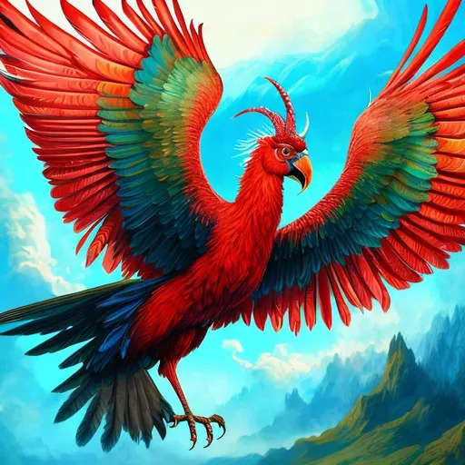 Prompt: Large mythical red bird flying, vibrant and detailed feathers, majestic wingspan, mythical creature, high quality, vibrant colors, fantasy, detailed feathers, majestic pose, dynamic flying, mythical, highres, ultra-detailed, fantasy, vibrant, majestic, dynamic