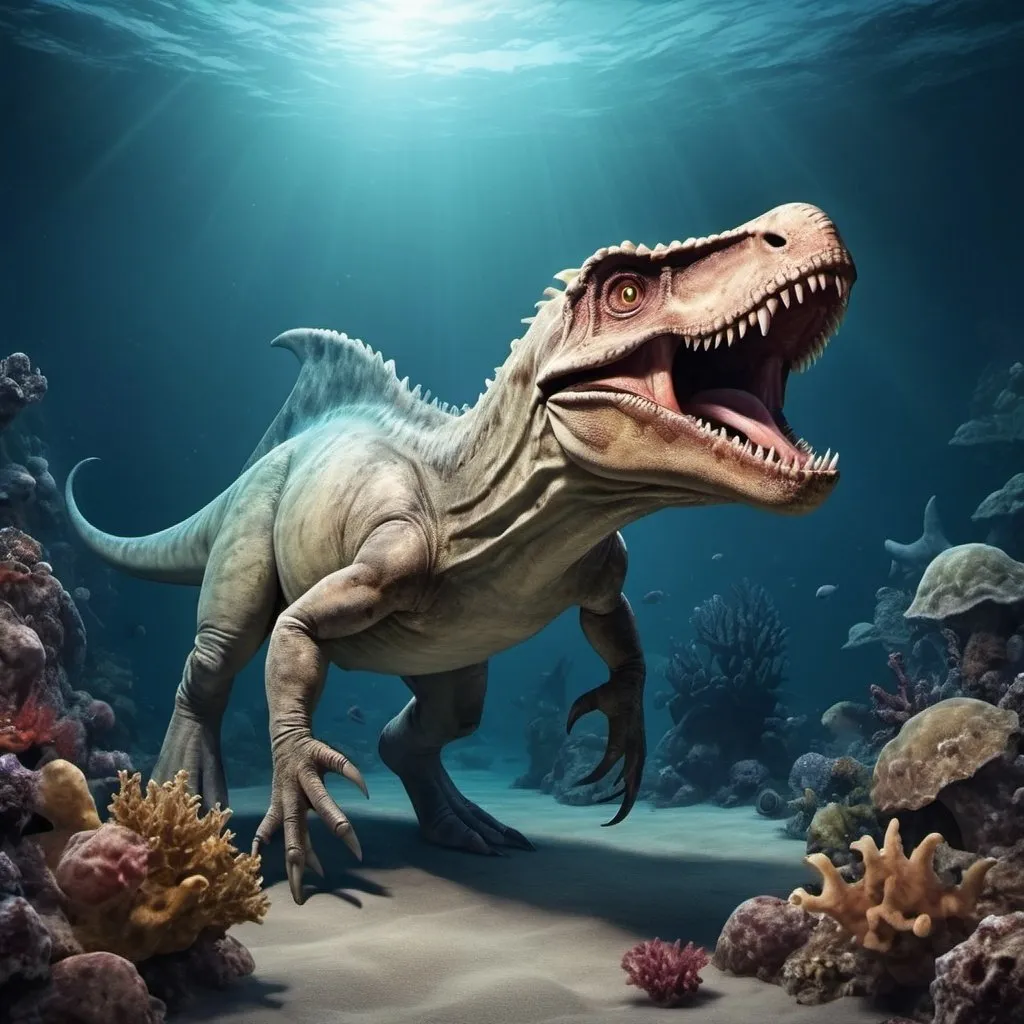 Prompt: A realistic dinasour in under deep sea