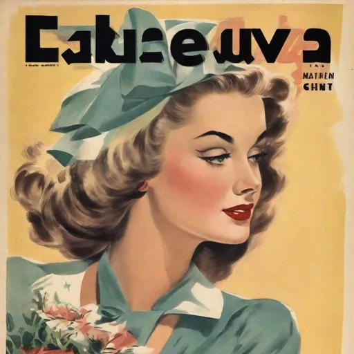 Prompt: handsome woman on the first page of magazine, 50's editorial color illustration