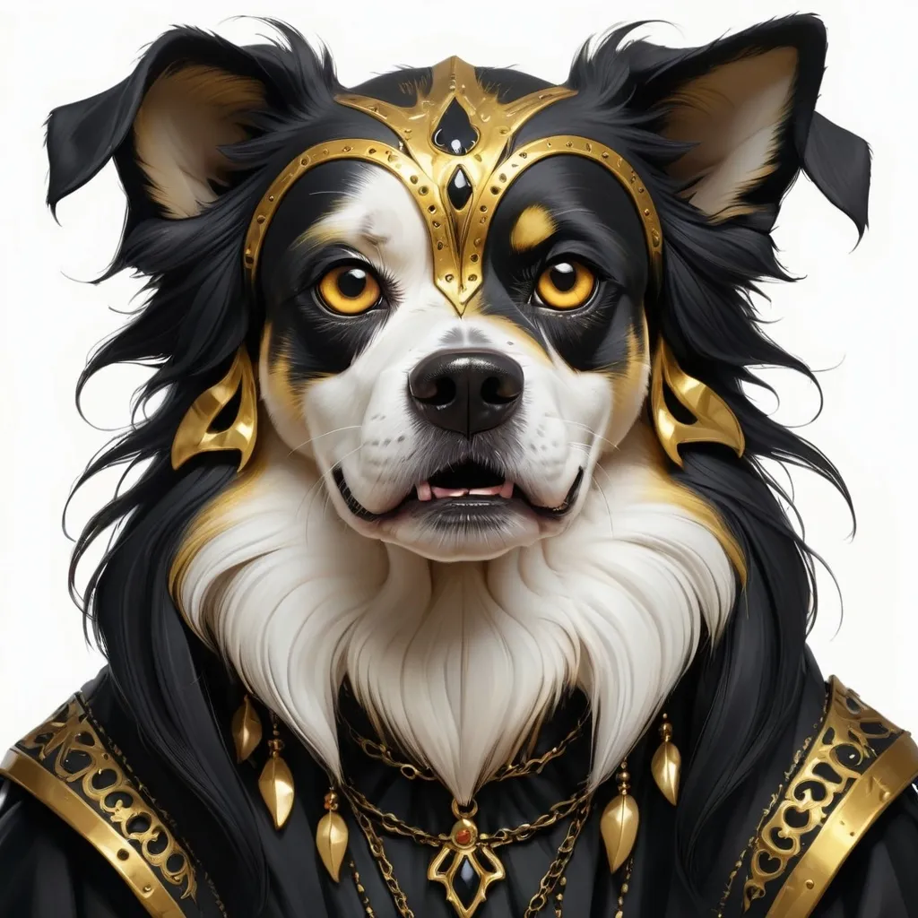 Prompt: Great Black and gold Dog Spirit 2D, gothic, white background, horror