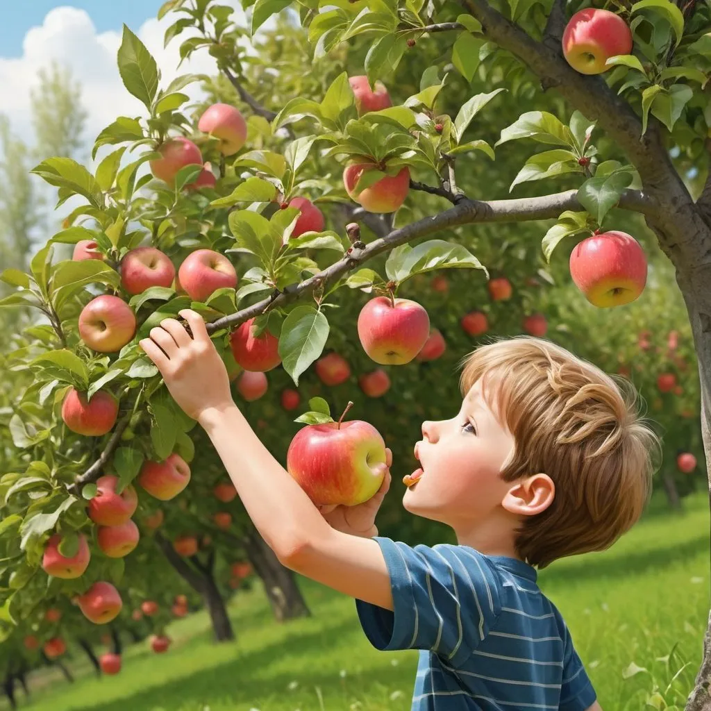 Prompt:  A boy eating apple standing near the apple tree Illustration images