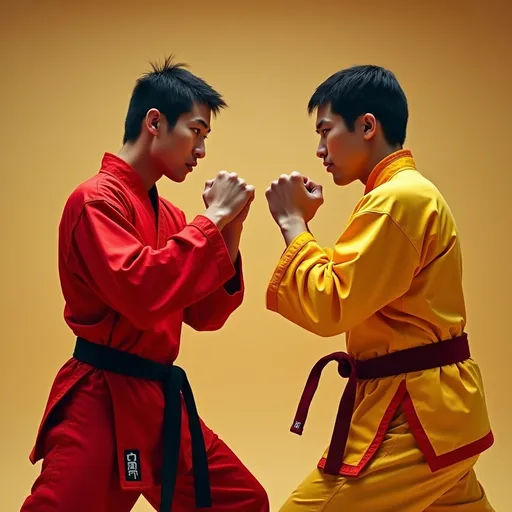 Prompt: In a dynamic martial arts setting, two male practitioners face each other, poised in a tense moment of preparation. The first is dressed in a striking red uniform, which contrasts vividly against the warm beige backdrop, while the second sports a vibrant yellow outfit with deep red accents. Their expressions are intense, reflecting concentration and readiness, as they clench their fists, indicating a challenge about to unfold. The scene is well-lit, emphasizing the details of their garments and the smooth textures of the minimalist surroundings, enhancing the dramatic atmosphere of the impending duel. This composition captures the spirit of competition, showcasing both discipline and anticipation in martial arts.