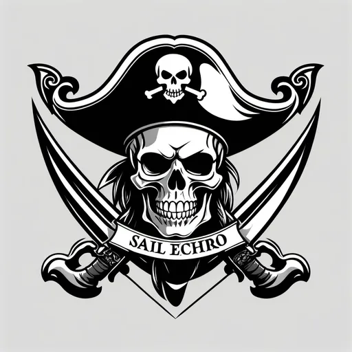 Prompt: a pirate logo with a skull and a sword on it's head and a banner that says sail, Eiichiro Oda, serial art, logo, vector art