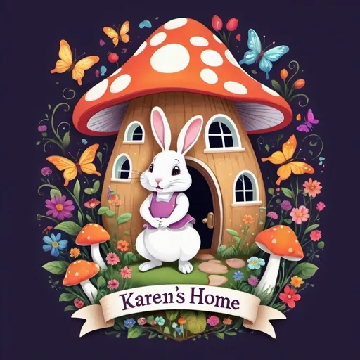 Prompt: A logo of a rabbit coming out of a mushroom house with butterflies circling. All spelling out Karen's Home