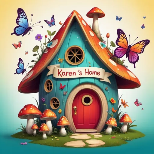 Prompt: A logo of a rabbit coming out of a mushroom house with butterflies circling zoomed out. All spelling out Karen's Home