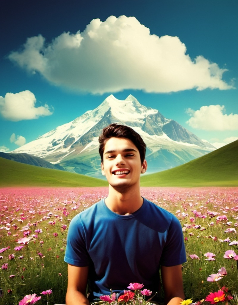 Prompt: sit in a field of flowers with a mountain in the background with clouds in the sky above it and a blue sky with white clouds, Chris LaBrooy, color field, beautiful landscape, a matte painting