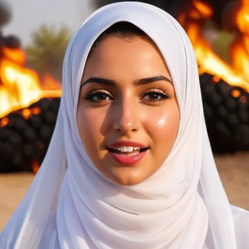 Prompt: Arab girl in hijab on fire, burning, crying, screaming, fire and destruction 