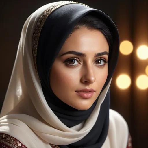 Prompt: Photorealistic beautiful nazanin boniadi in hijab kneeling, incredible composition, chiaroscuro lighting, octane render, 8K resolution, photorealistic concept, soft natural light, volumetric lighting, cinematic aesthetic, symmetrical perfect eyes, hyper detailed, ultra real, 32k, photographic quality, soft skin, hyper realistic, studio lighting, detailed skin, ultra realistic, bokeh, sharp features
