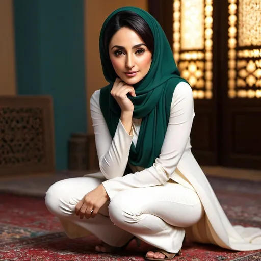 Prompt: Photorealistic beautiful nazanin boniadi in hijab kneeling, 8K resolution 