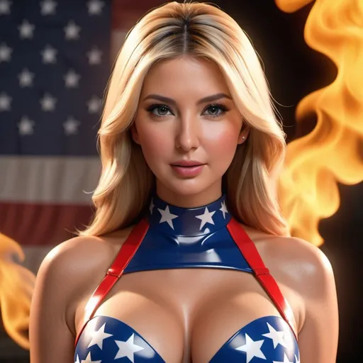 Prompt: Ivanka Trump dressed in American flag latex, showing cleavage, surrounded by fire and flames, incredible composition, octane render, 8K resolution, photorealistic concept, cinematic aesthetic, artstation symmetrical perfect eyes, hyper detailed, ultra real, 32k, photographic quality, soft skin, hyper realistic, studio lighting, detailed skin, ultra realistic, bokeh, sharp features
