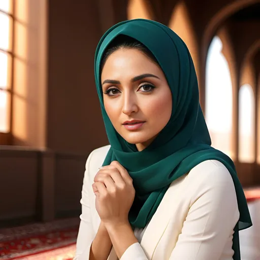 Prompt: Photorealistic beautiful nazanin boniadi in hijab kneeling, 8K resolution 