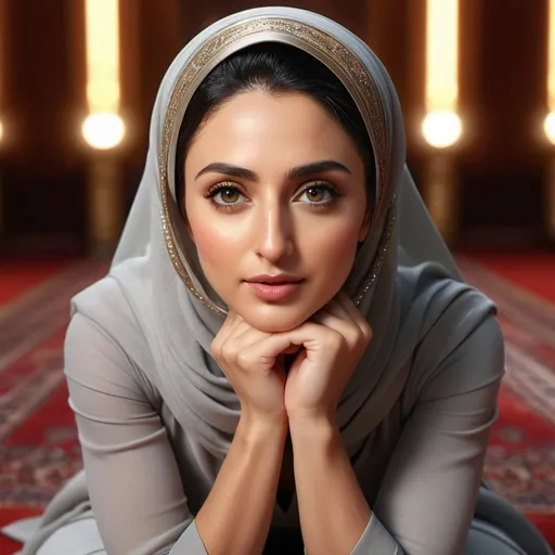 Prompt: Photorealistic beautiful nazanin boniadi in hijab kneeling, incredible composition, octane render, 8K resolution, photorealistic concept, volumetric lighting, cinematic aesthetic, symmetrical perfect eyes, hyper detailed, ultra real, 32k, photographic quality, hyper realistic, studio lighting, detailed skin, ultra realistic, bokeh, sharp features
