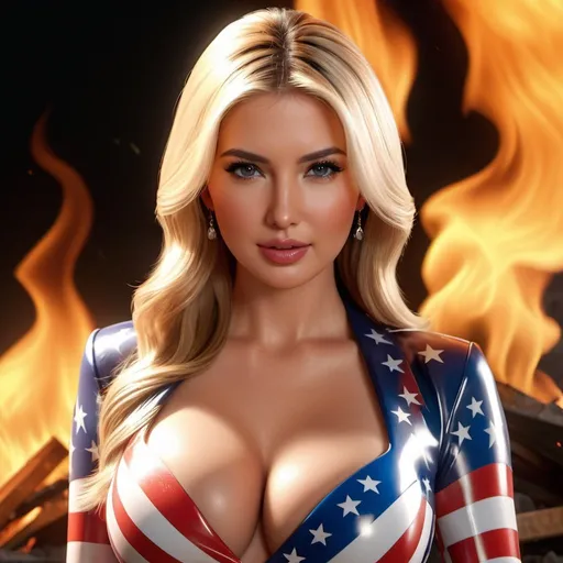 Prompt: Realistic Ivanka Trump dressed in American flag latex, showing cleavage, surrounded by fire and flames, incredible composition, octane render, 8K resolution, photorealistic concept, cinematic aesthetic, artstation symmetrical perfect eyes, hyper detailed, ultra real, 32k, photographic quality, soft skin, hyper realistic, studio lighting, detailed skin, ultra realistic, bokeh, sharp features
